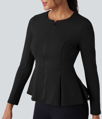 DayStretch Round Neck Zip Fly Work Peplum Jacket