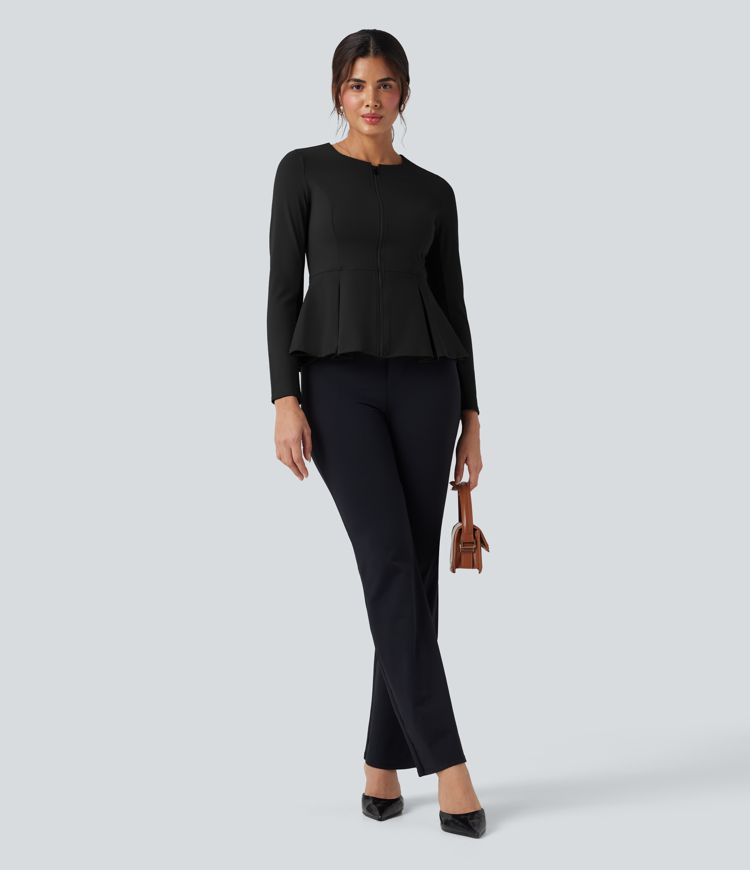 DayStretch Round Neck Zip Fly Work Peplum Jacket