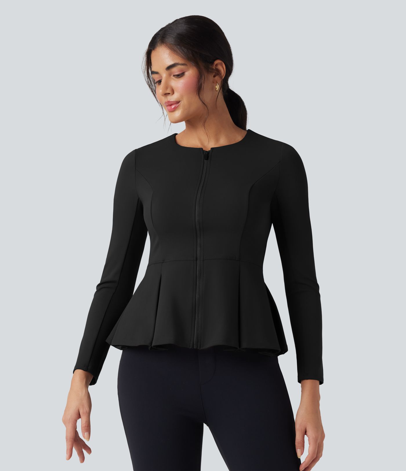 DayStretch Round Neck Zip Fly Work Peplum Jacket