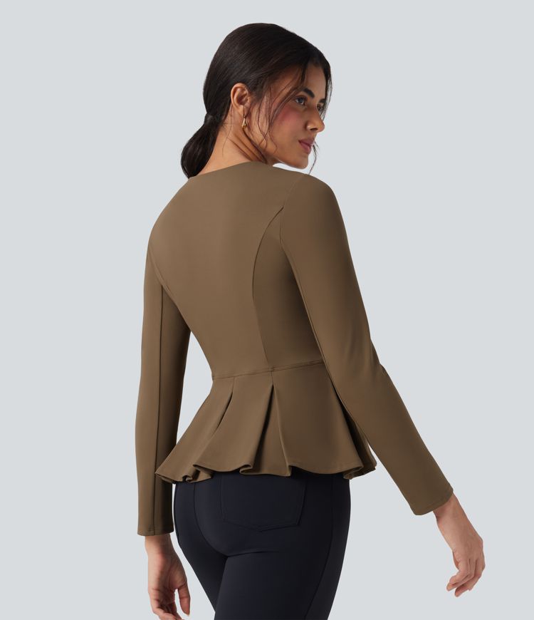 Round Neck Zip Fly Work Peplum Jacket