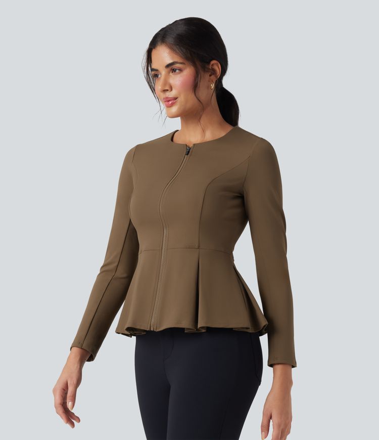 Veste de travail péplum col rond à fermeture éclair