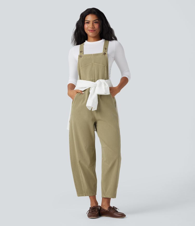 Halara Flex™ Lässige Denim-Latzhose mit 7/8-Länge, Tonnenbein und Taschen​