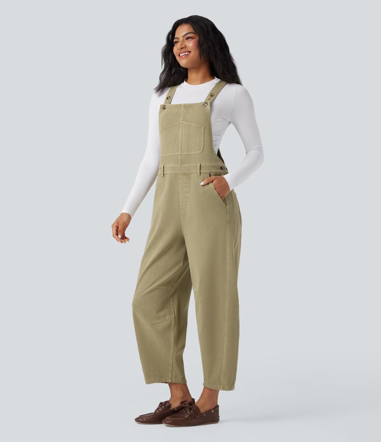 Halara Flex™ Lässige Denim-Latzhose mit 7/8-Länge, Tonnenbein und Taschen​