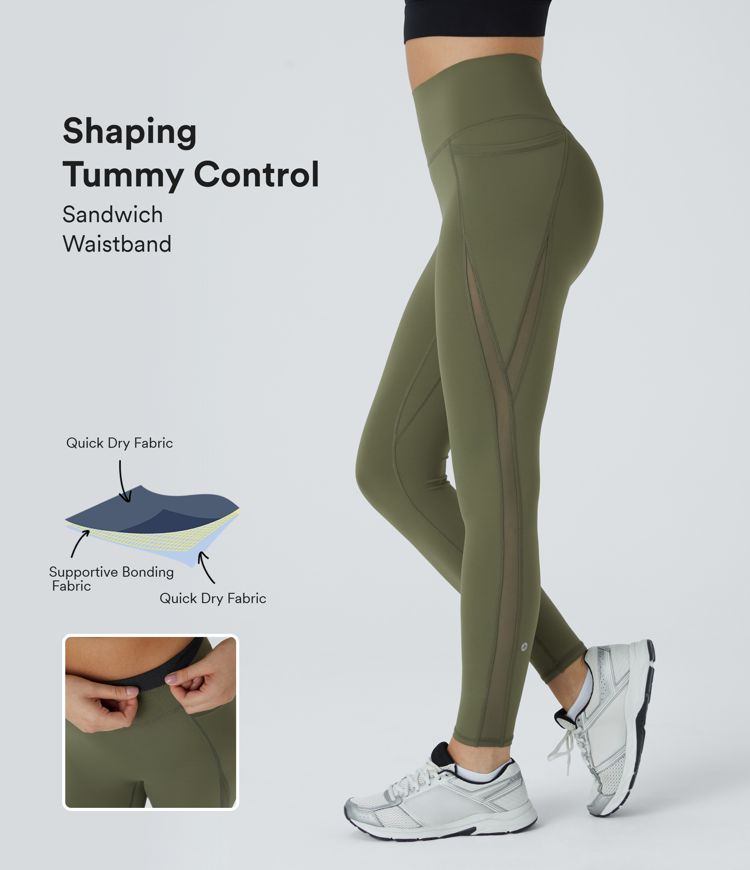 Legging de sport SoCinched 7/8 à taille haute, antidérapant, contrôle du ventre, poches latérales, empiècements en mesh contrastés et séchage rapide