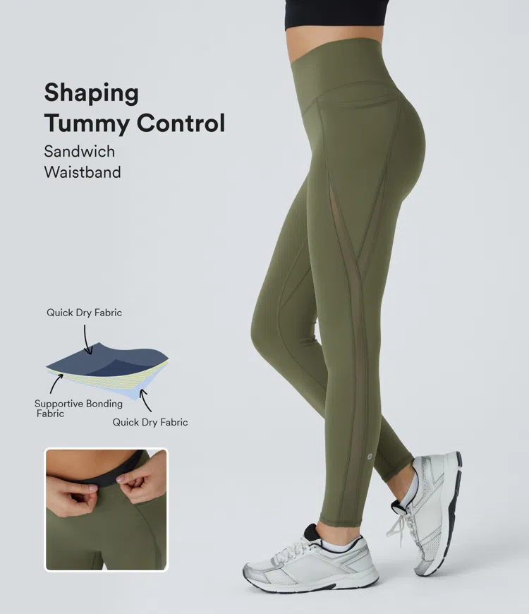High Waisted Antislip Tummy Control Pocket Contrast Mesh Quick Dry 7/8 Workout Leggings