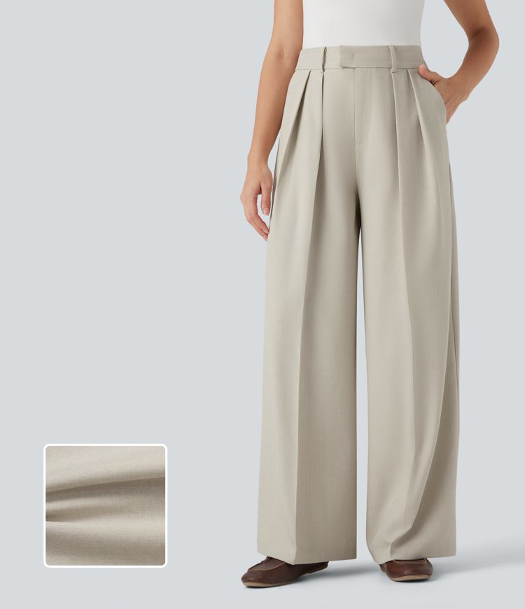 Anti-Wrinkle High Waisted Wide Leg Work Linen-Feel Trousers with Pockets