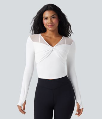 SoftlyZero™ Airy V Neck Long Sleeve Thumb Hole Contrast Mesh Cool Touch Yoga Sports Top
