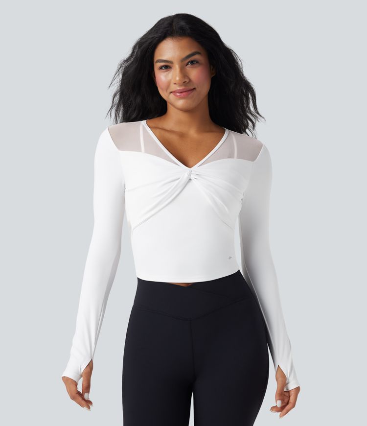 SoftlyZero™ Airy V Neck Long Sleeve Thumb Hole Contrast Mesh Cool Touch Yoga Sports Top