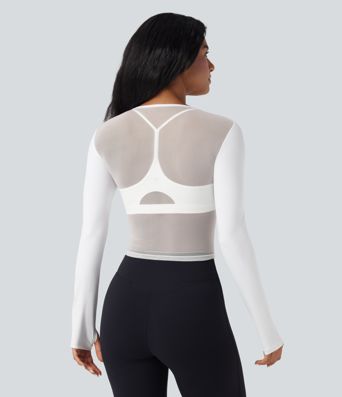 SoftlyZero™ Airy V Neck Long Sleeve Thumb Hole Contrast Mesh Cool Touch Yoga Sports Top
