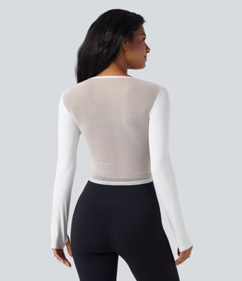 SoftlyZero™ Airy V Neck Long Sleeve Thumb Hole Contrast Mesh Cool Touch Yoga Sports Top