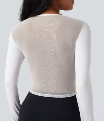 SoftlyZero™ Airy V Neck Long Sleeve Thumb Hole Contrast Mesh Cool Touch Yoga Sports Top