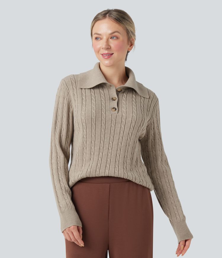 Cement Lapel Long Sleeve Cable Knit Relaxed Fit Work Wool-Blend Sweater / 1
