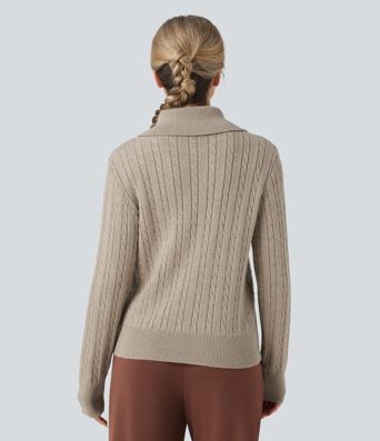 Pull en laine à torsades, col châle, manches longues, coupe décontractée, style de travail