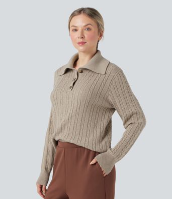 Pull en laine à torsades, col châle, manches longues, coupe décontractée, style de travail