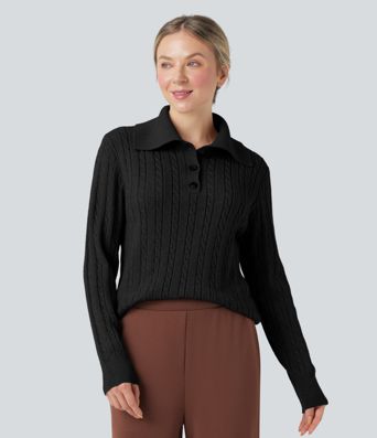 Lapel Long Sleeve Cable Knit Relaxed Fit Work Wool-Blend Sweater