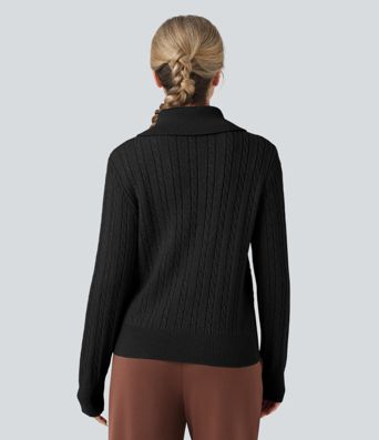 Lapel Long Sleeve Cable Knit Relaxed Fit Work Wool-Blend Sweater