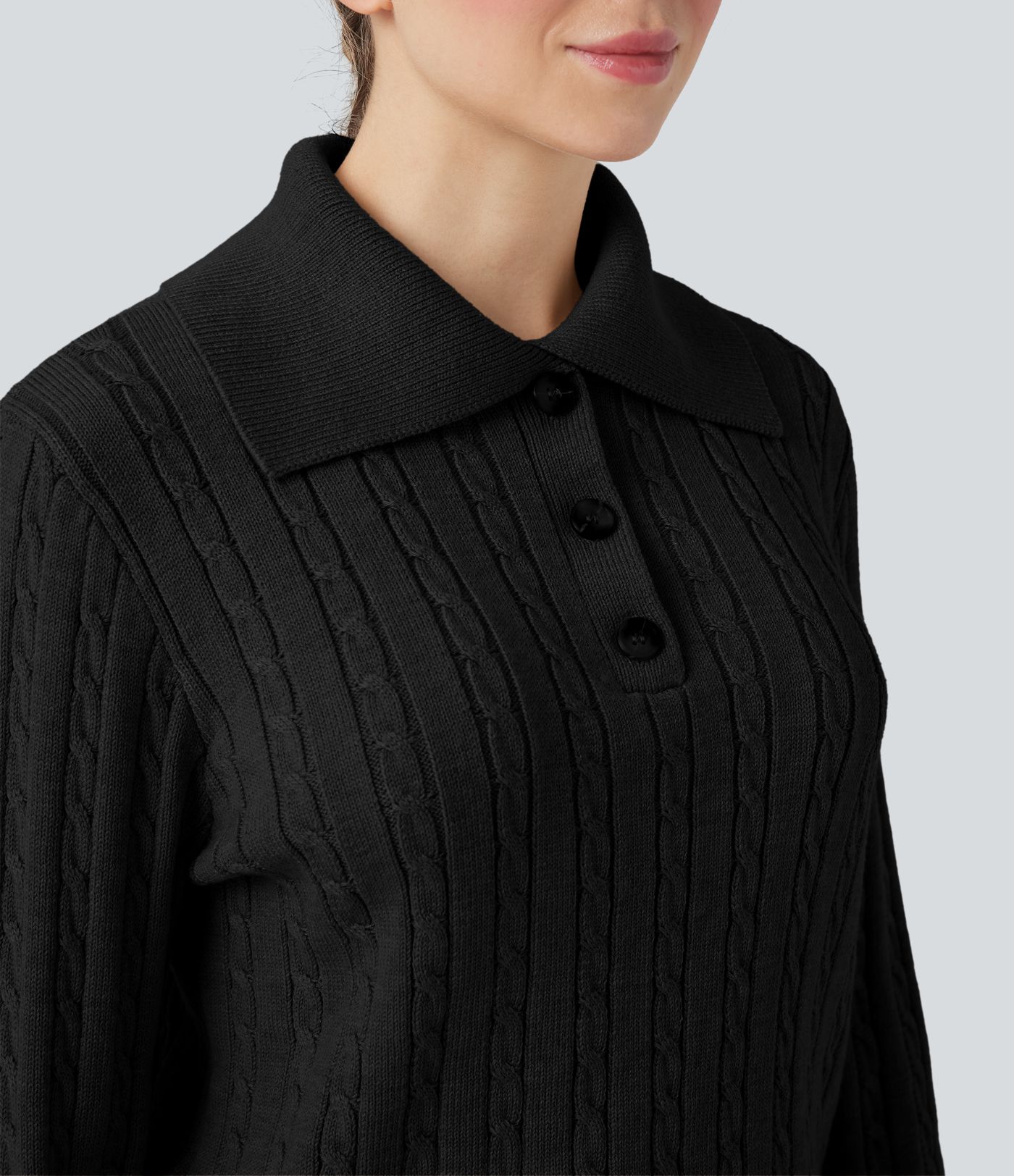 Lapel Long Sleeve Cable Knit Relaxed Fit Work Wool-Blend Sweater