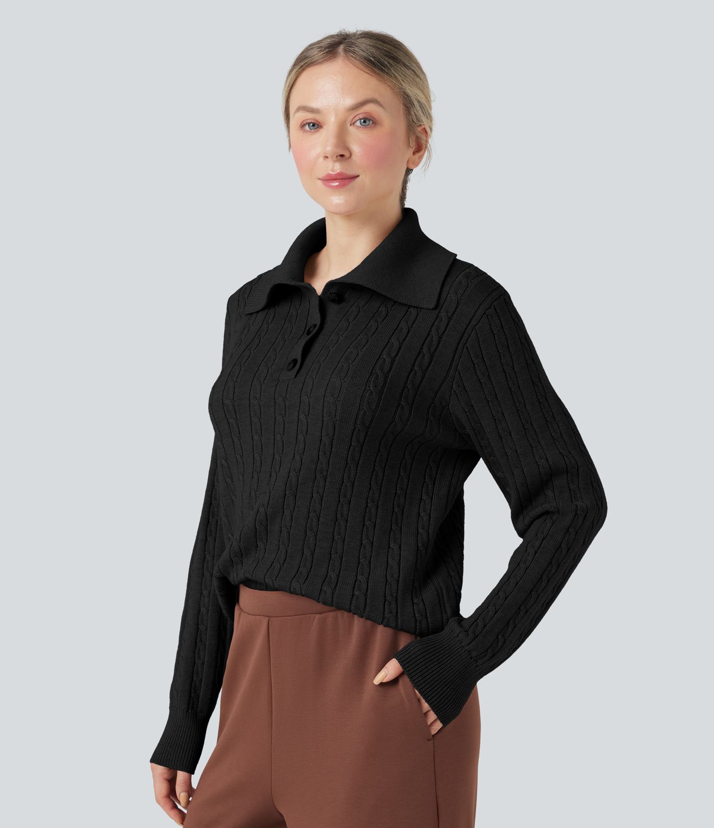 Lapel Long Sleeve Cable Knit Relaxed Fit Work Wool-Blend Sweater