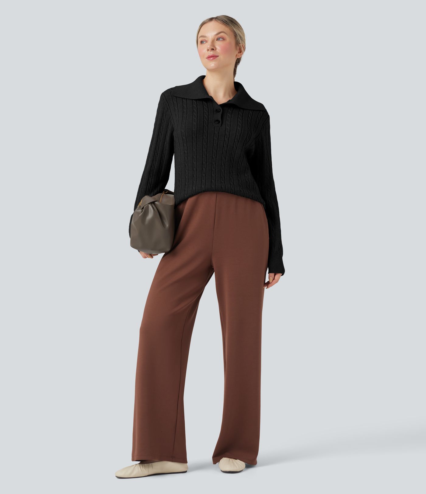 Lapel Long Sleeve Cable Knit Relaxed Fit Work Wool-Blend Sweater