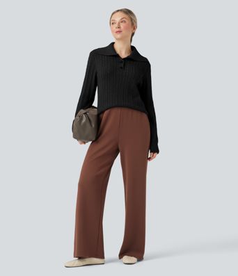 Lapel Long Sleeve Cable Knit Relaxed Fit Work Wool-Blend Sweater