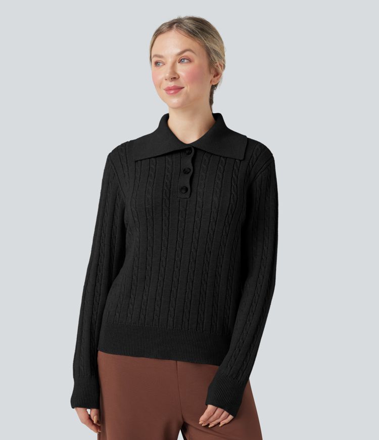 Lapel Long Sleeve Cable Knit Relaxed Fit Work Wool-Blend Sweater