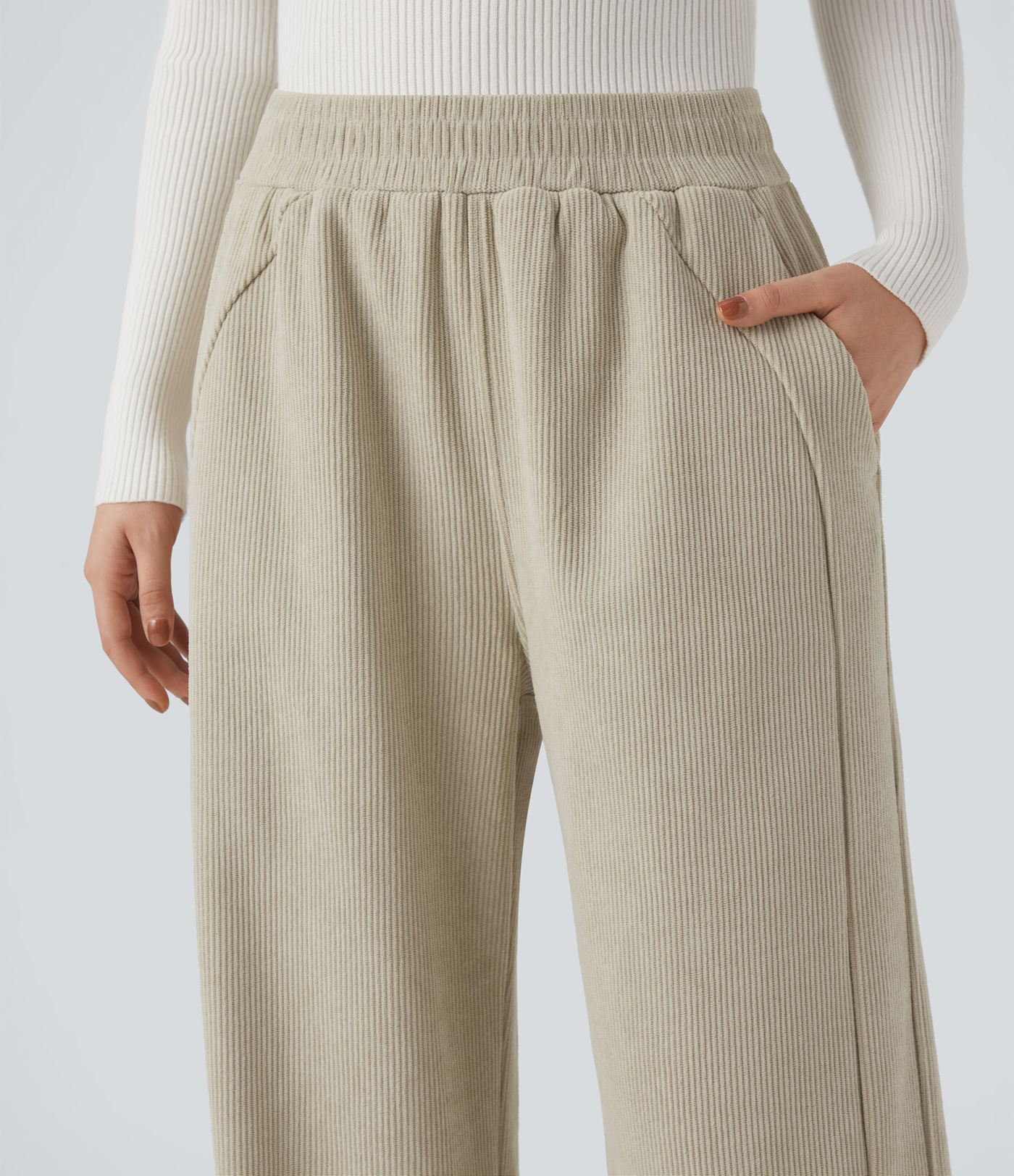 Pantalon décontracté en velours côtelé polaire à taille haute et jambes droites avec poches