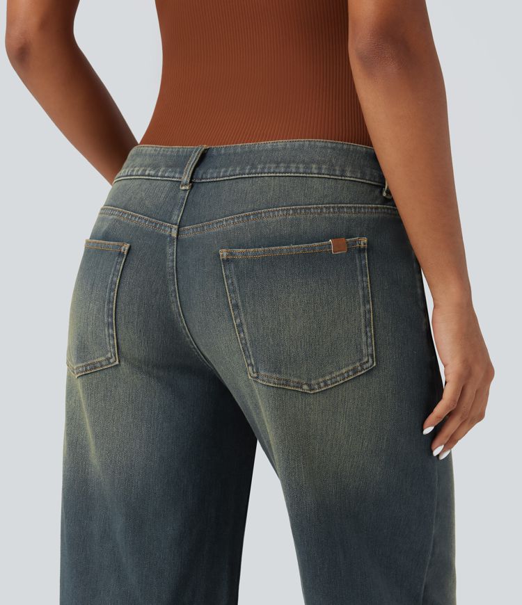 Halara Flex™ Asymmetric Low Rise Zipper Pockets Baggy Wide Leg Washed Casual Jeans