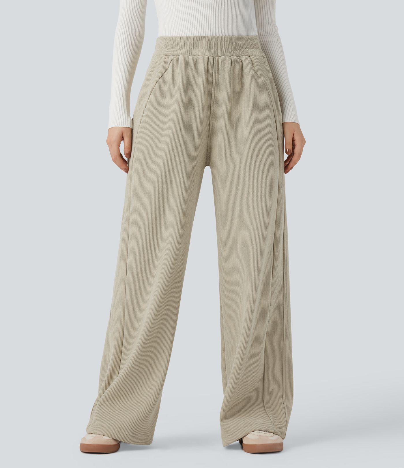 Pantalon décontracté en velours côtelé polaire à taille haute et jambes droites avec poches