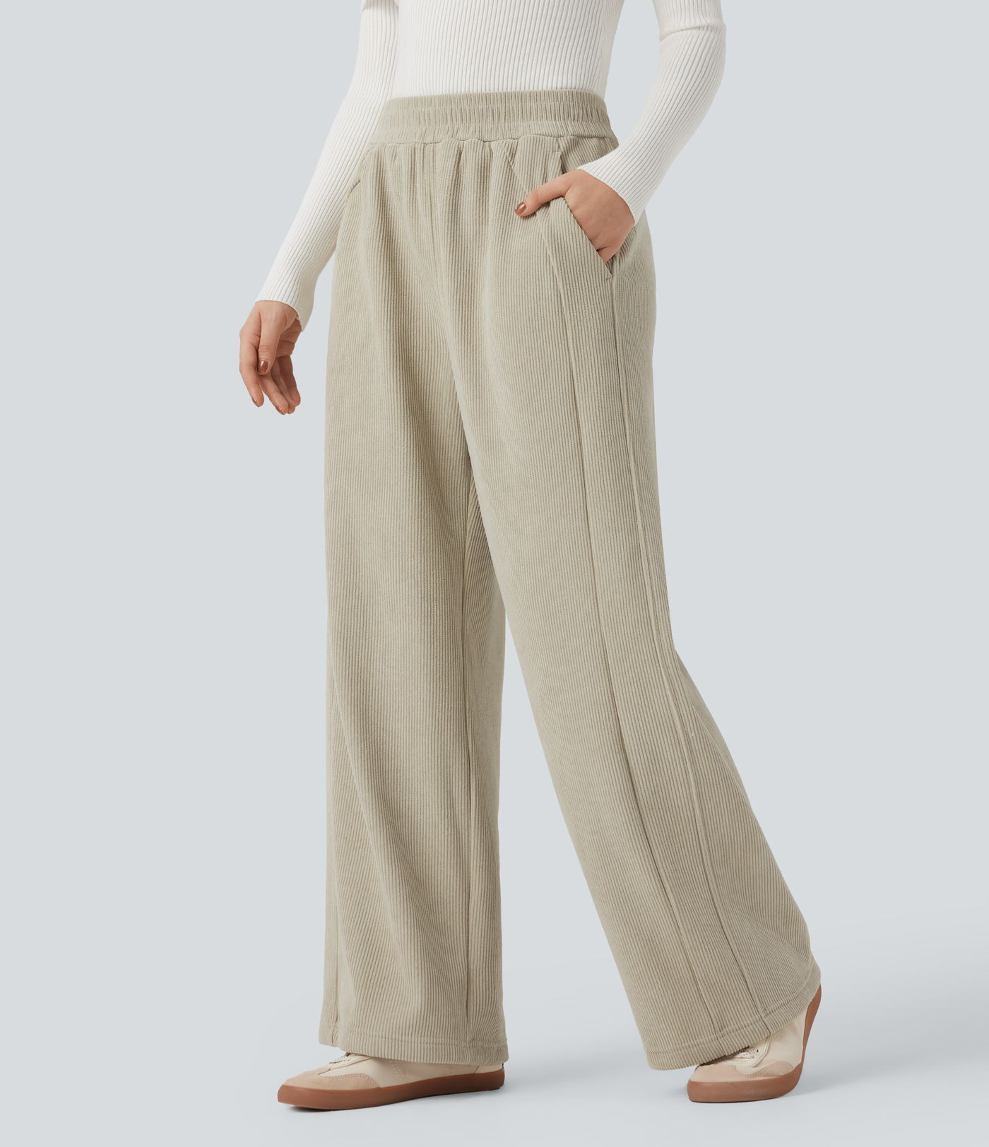 Pantalon décontracté en velours côtelé polaire à taille haute et jambes droites avec poches