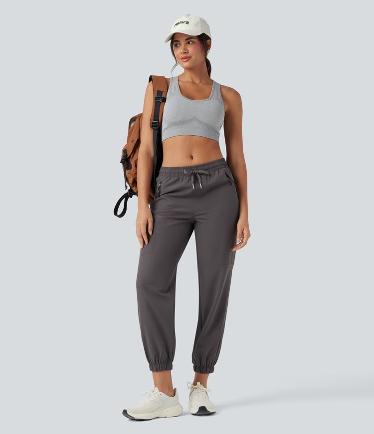 Water Repellent Wear-Resistant Mid Rise Drawstring Thermal Hiking Cargo Joggers with Zip Pockets