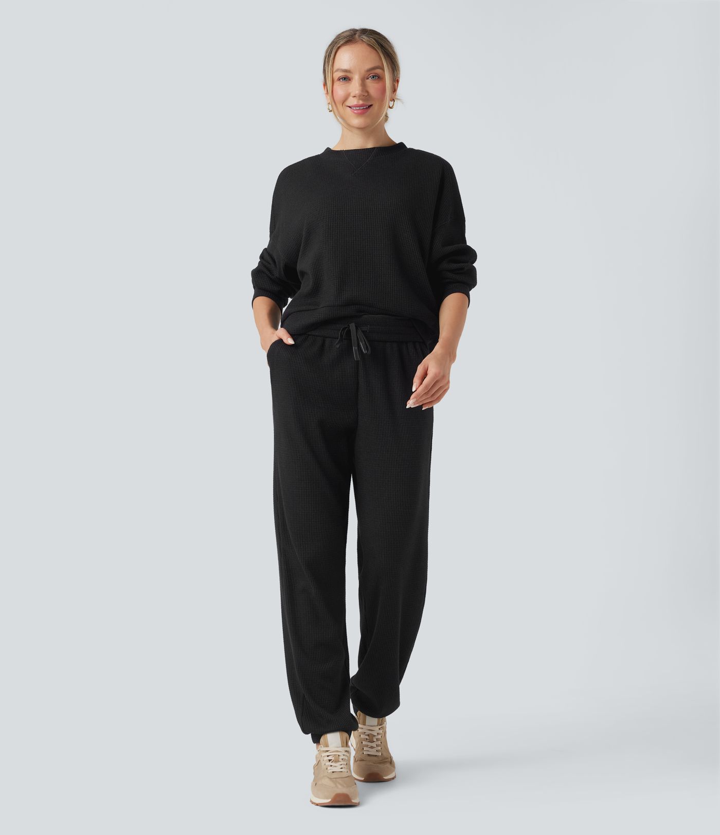 High Waisted Drawstring Waffle Casual Joggers with Pockets