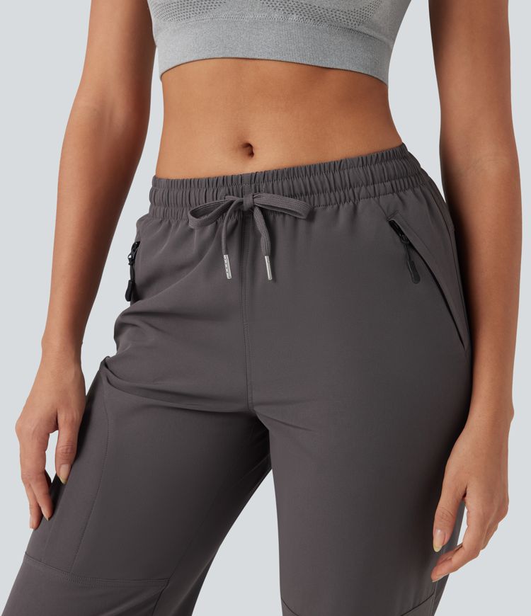 Water Repellent Wear-Resistant Mid Rise Drawstring Thermal Hiking Cargo Joggers with Zip Pockets