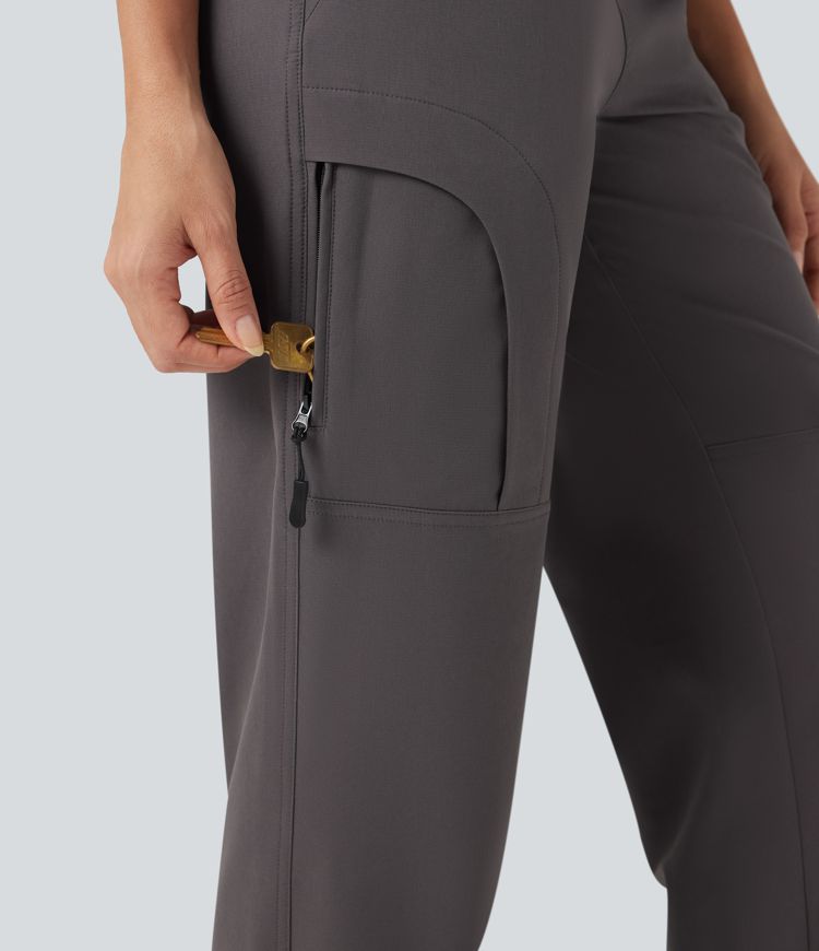 Water Repellent Wear-Resistant Mid Rise Drawstring Thermal Hiking Cargo Joggers with Zip Pockets