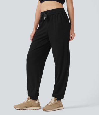High Waisted Drawstring Waffle Casual Joggers with Pockets
