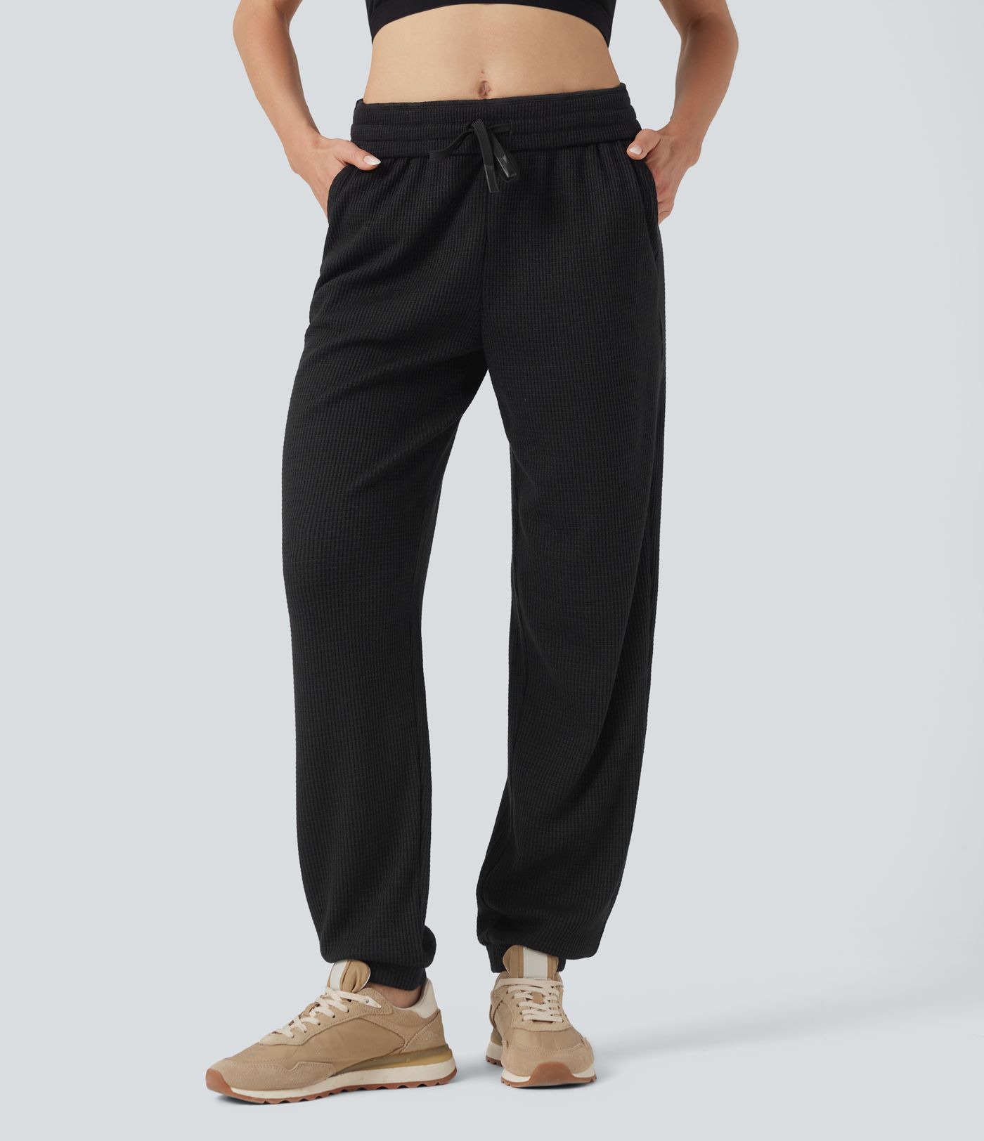 High Waisted Drawstring Waffle Casual Joggers with Pockets