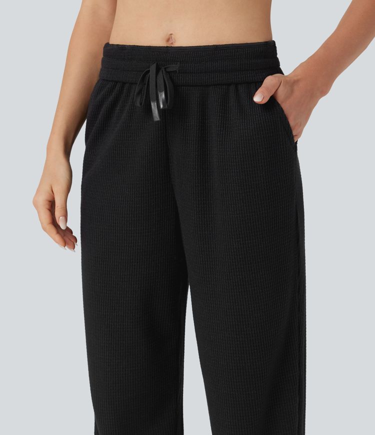 High Waisted Drawstring Waffle Casual Joggers with Pockets