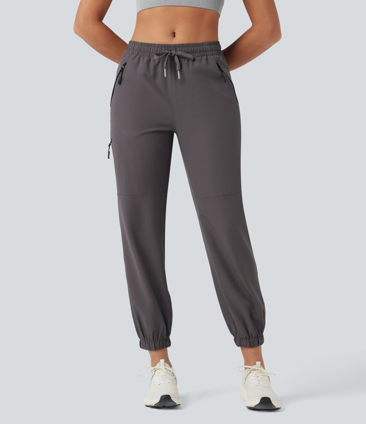 Water Repellent Wear-Resistant Mid Rise Drawstring Thermal Hiking Cargo Joggers with Zip Pockets