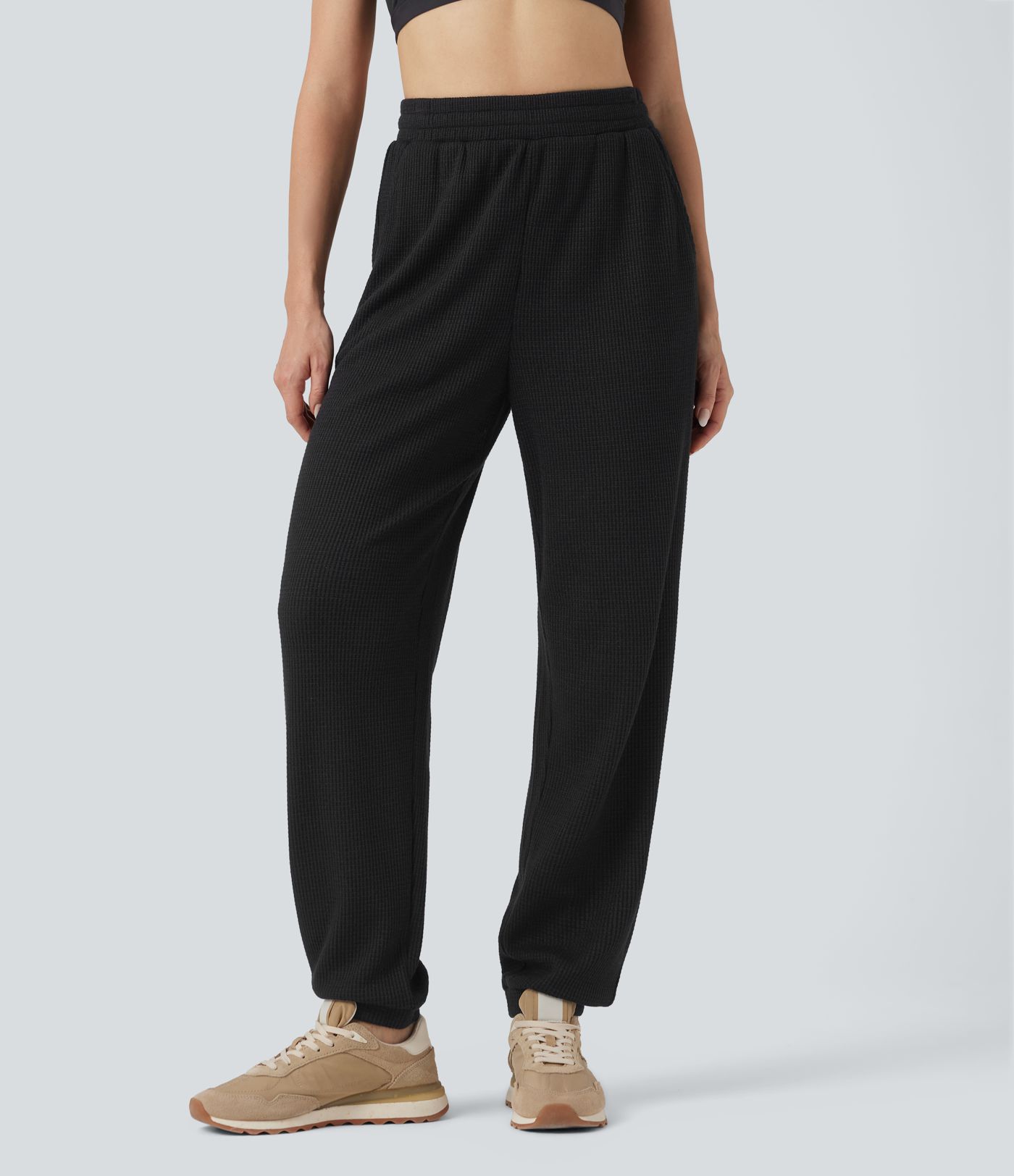High Waisted Drawstring Waffle Casual Joggers with Pockets