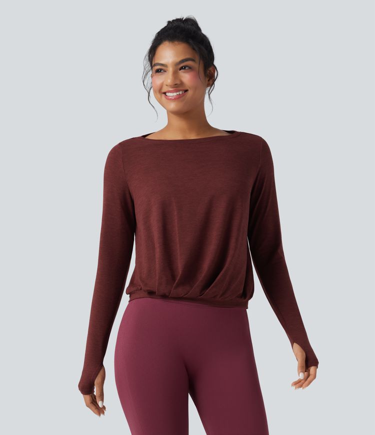Boat Neck Thumb Holes Ruched Heathered Yoga Sports Top