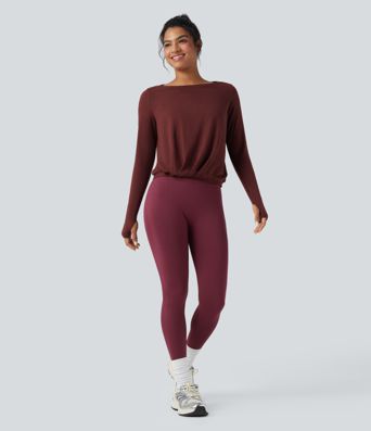 ボートネック サムホール シャーリング ヘザー調 ヨガ/スポーツトップ