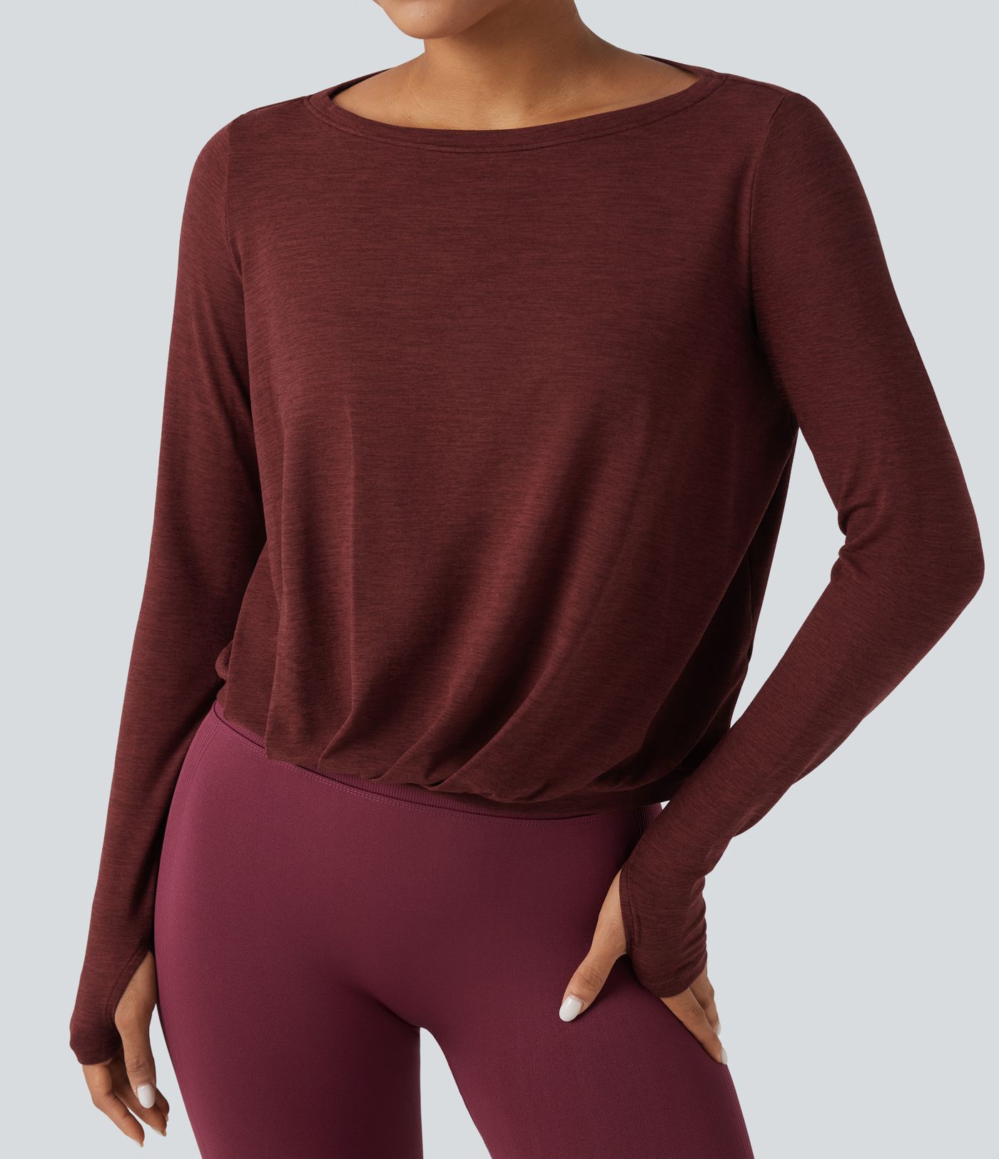 ボートネック サムホール シャーリング ヘザー調 ヨガ/スポーツトップ