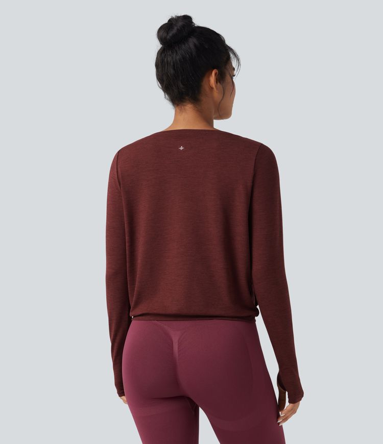 ボートネック サムホール シャーリング ヘザー調 ヨガ/スポーツトップ