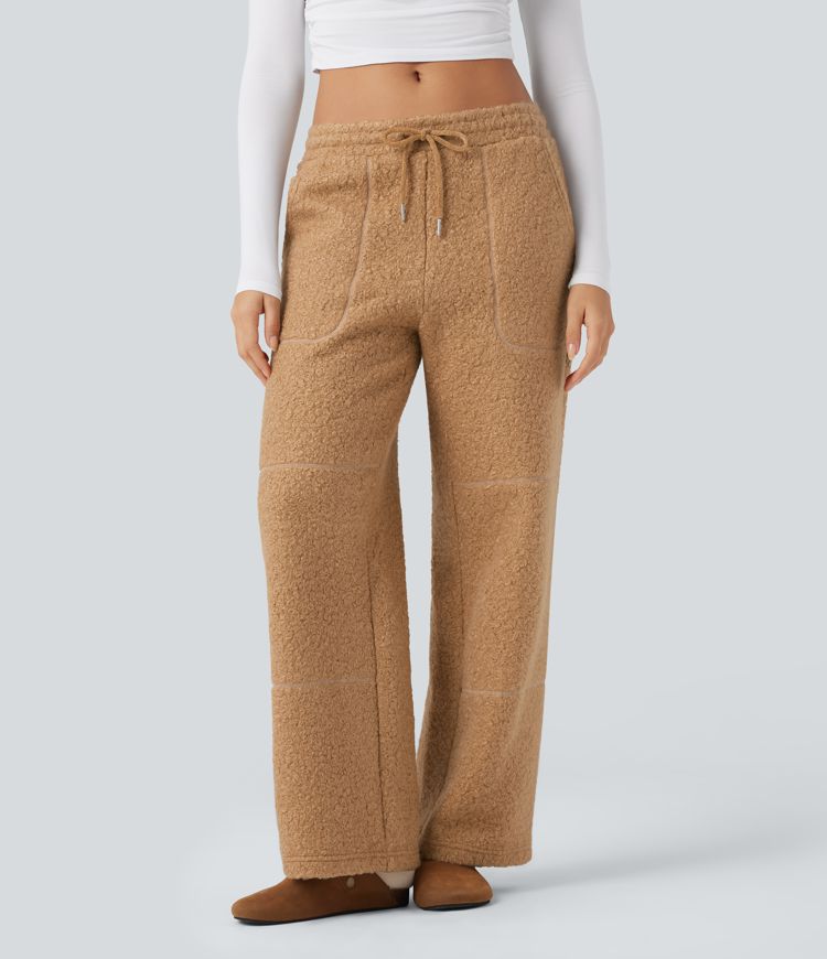 Mid Rise Drawstring Teddy Casual Baggy Trousers with Pockets
