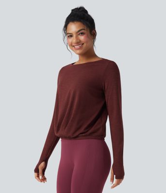 ボートネック サムホール シャーリング ヘザー調 ヨガ/スポーツトップ