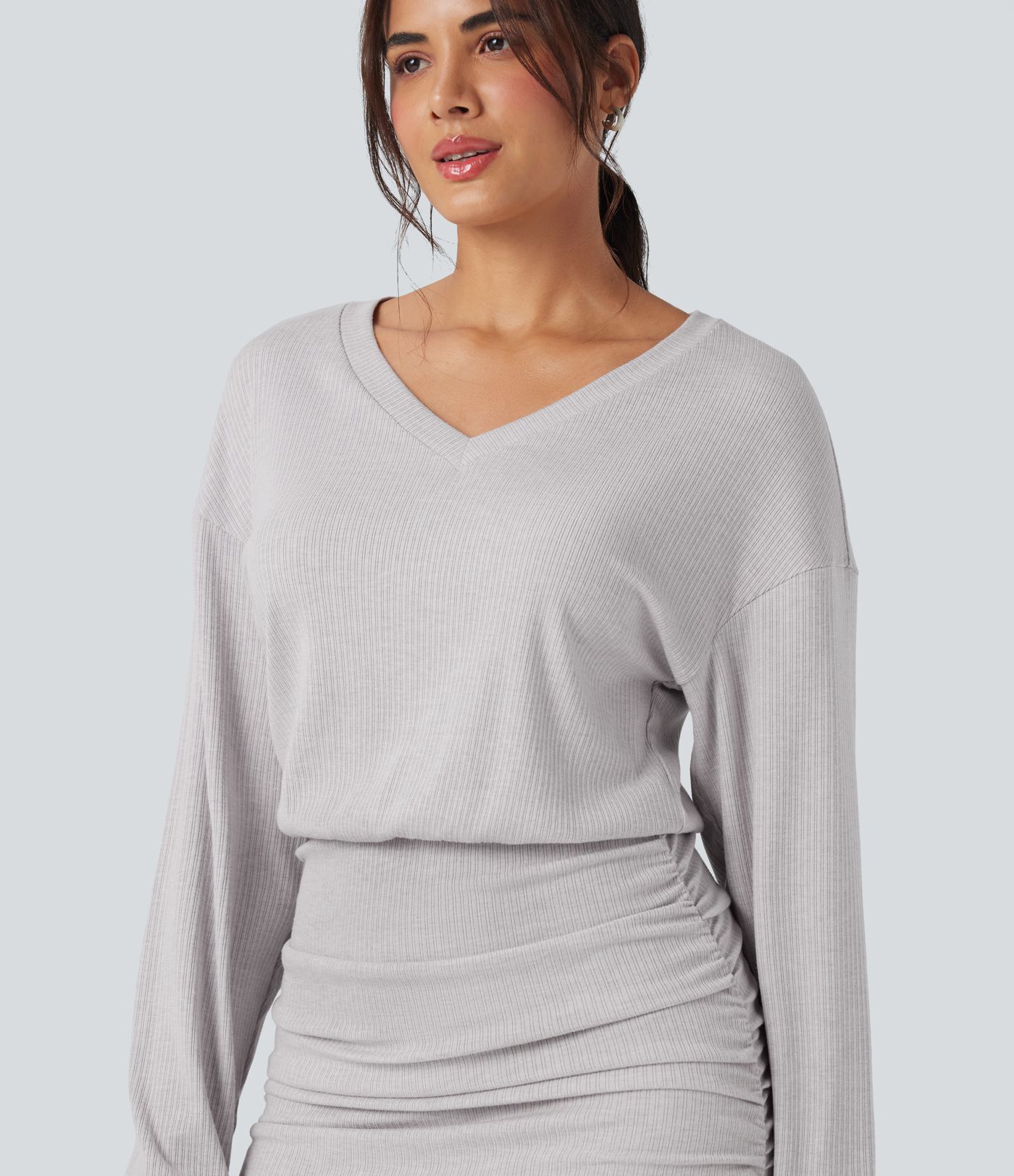 Ribbed Knit V-neck Long Sleeve Ruched Bodycon Mini Casual Dress