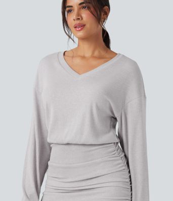 Ribbed Knit V-neck Long Sleeve Ruched Bodycon Mini Casual Dress