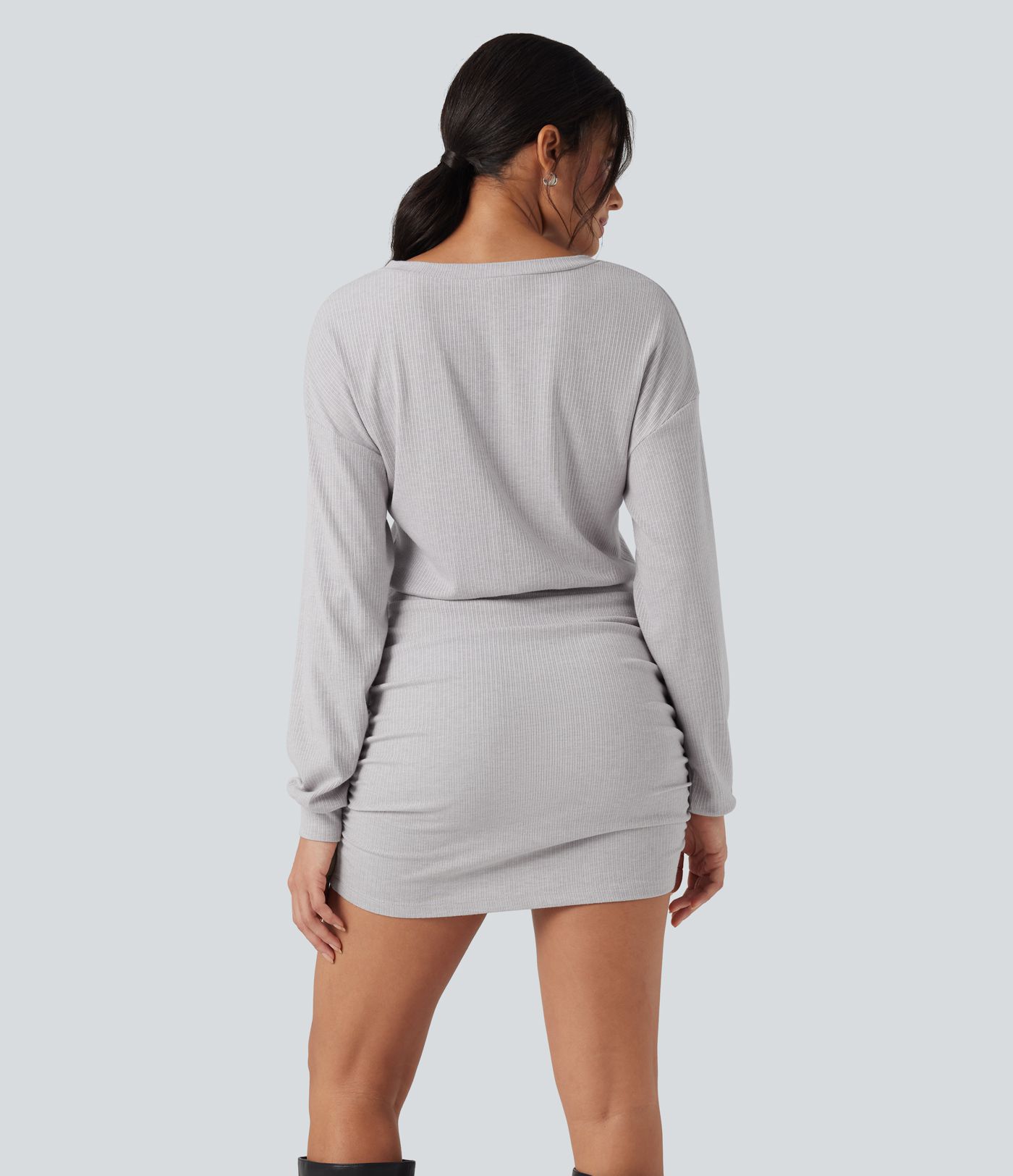 Ribbed Knit V-neck Long Sleeve Ruched Bodycon Mini Casual Dress
