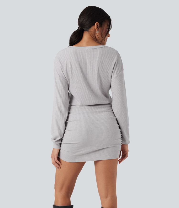 Ribbed Knit V-neck Long Sleeve Ruched Bodycon Mini Casual Dress