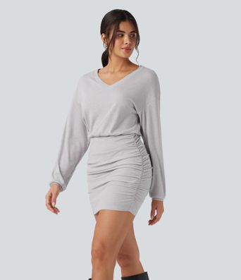 Ribbed Knit V-neck Long Sleeve Ruched Bodycon Mini Casual Dress