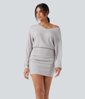 Ribbed Knit V-neck Long Sleeve Ruched Bodycon Mini Casual Dress